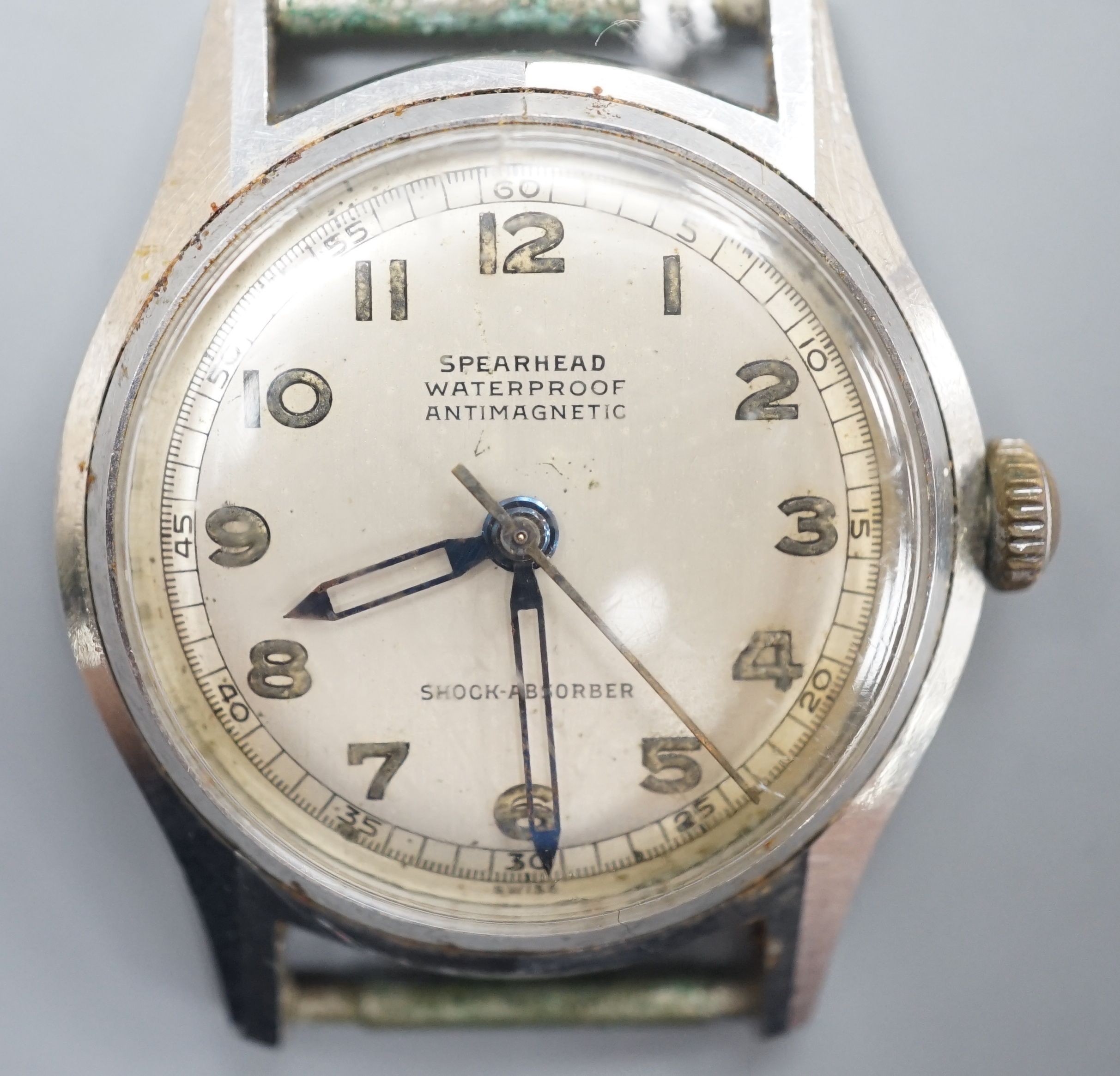 A gentleman's stainless steel Spearhead manual wind wrist watch, with Arabic dial, no strap.
